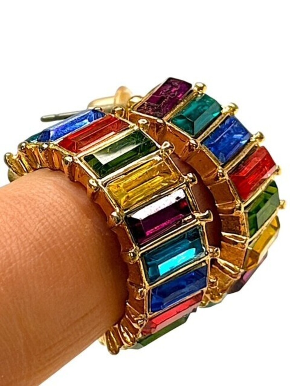 Rainbow Multicolor Baguette Rhinestone Gold Tone Hoop Earrings Statement Jewelry - Picture 6 of 8